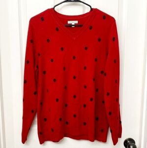 Croft & Barrow Red Black Polka Dot V-neck Sweater Women's Large L Classic Winter
